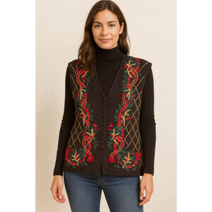 Vintage Tiara Women’s Holiday Sweater Vest – 1997 – Black with Festive Embroider